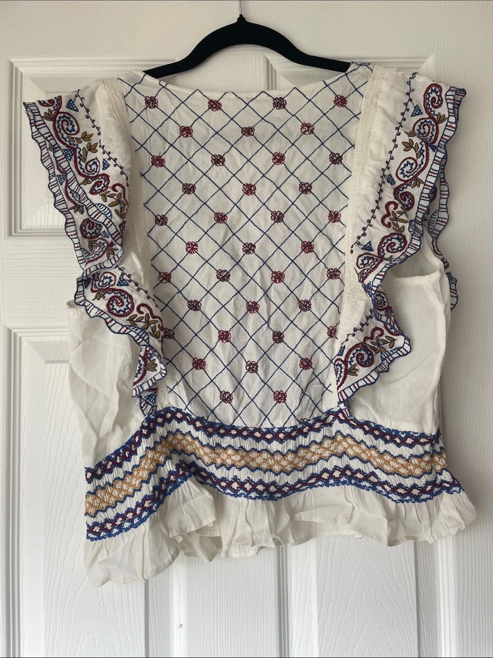 Free People White Embroidered and beaded V-Neck Ruffle Sleeve Top - Picture 4 of 5